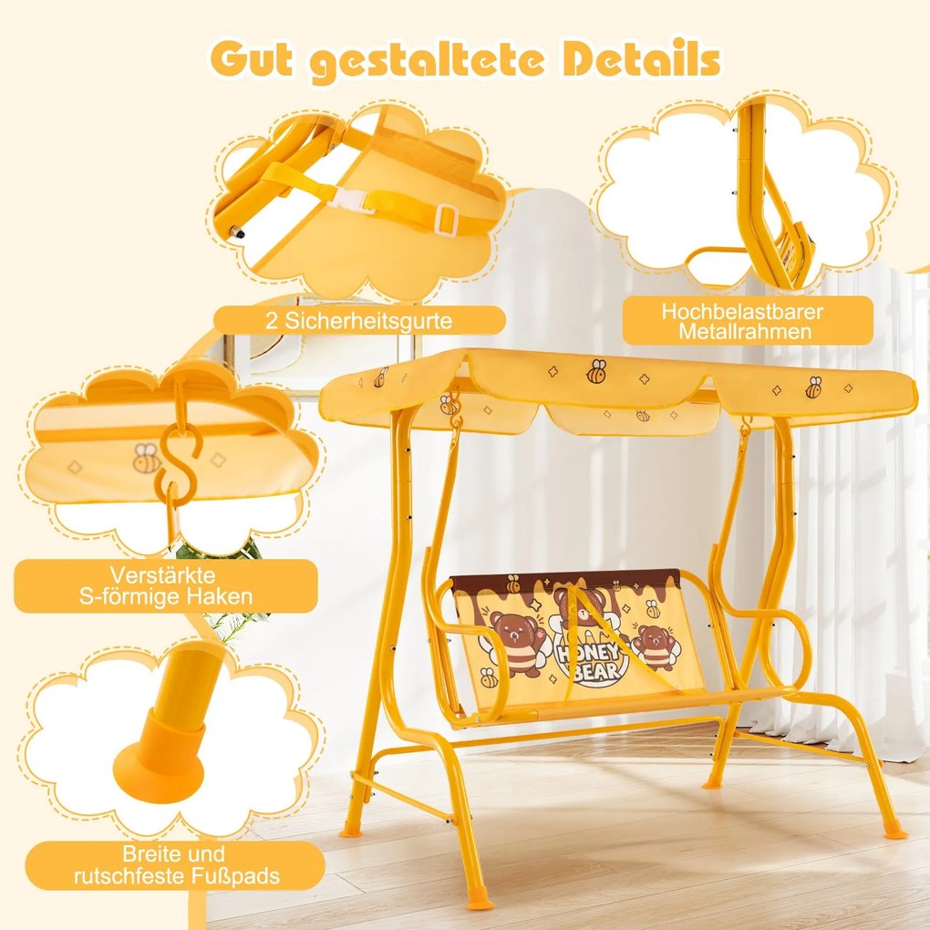 Baloiço infantil Hollywood para 2 crianças com toldo ajustável e estrutura metálica Amarelo
