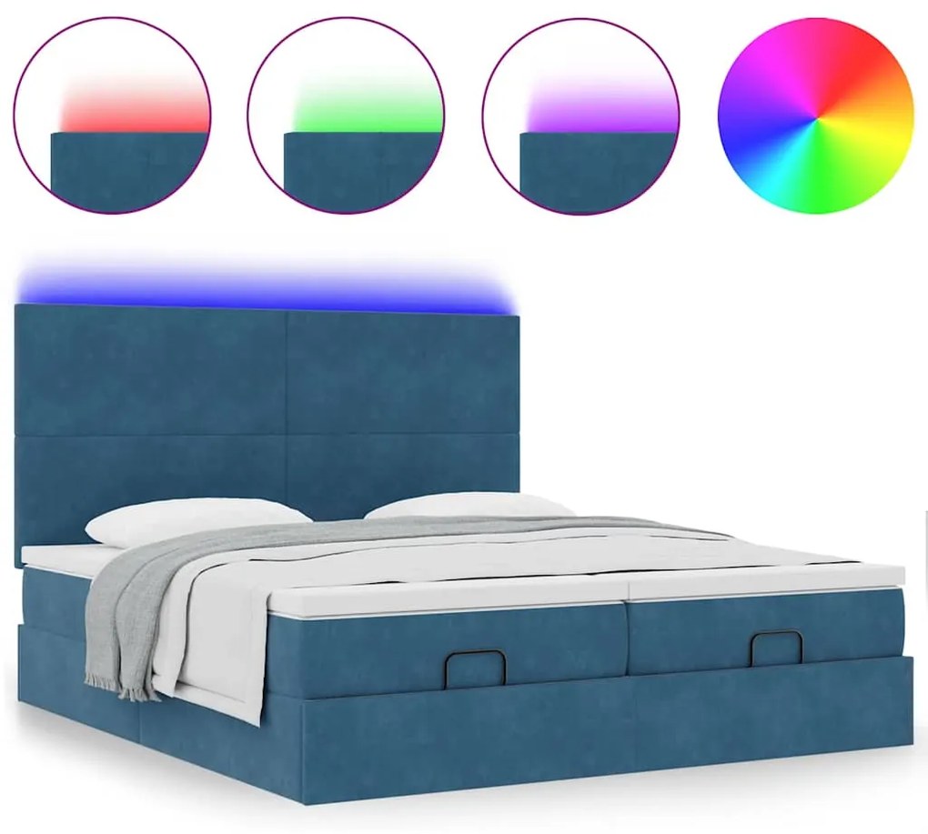 Cama otomana com colchões/LEDs 200x200 cm veludo azul-escuro