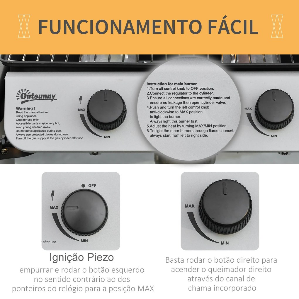 Outsunny Barbecue a Gás com 2 Queimadores 2,8 KW Barbecue a Gás com 2