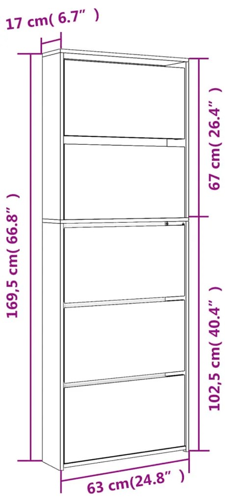 Sapateira c/ espelho 5 divisórias 63x17x169,5 carvalho castanho