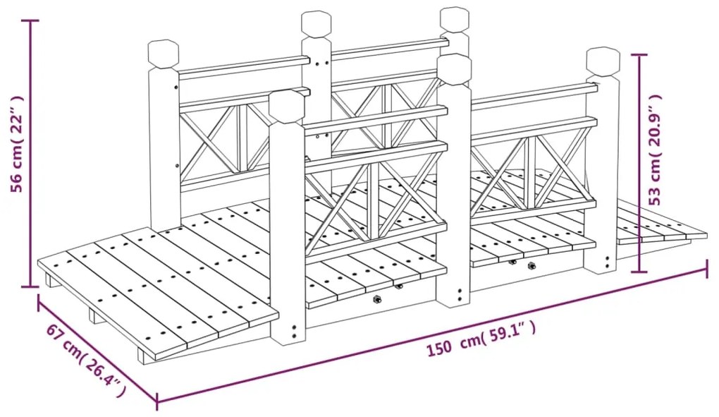 Ponte de jardim com corrimões 150x67x56 cm abeto maciço
