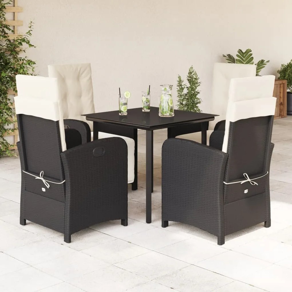 5 pcs conjunto de jantar p/ jardim c/ almofadões vime PE preto