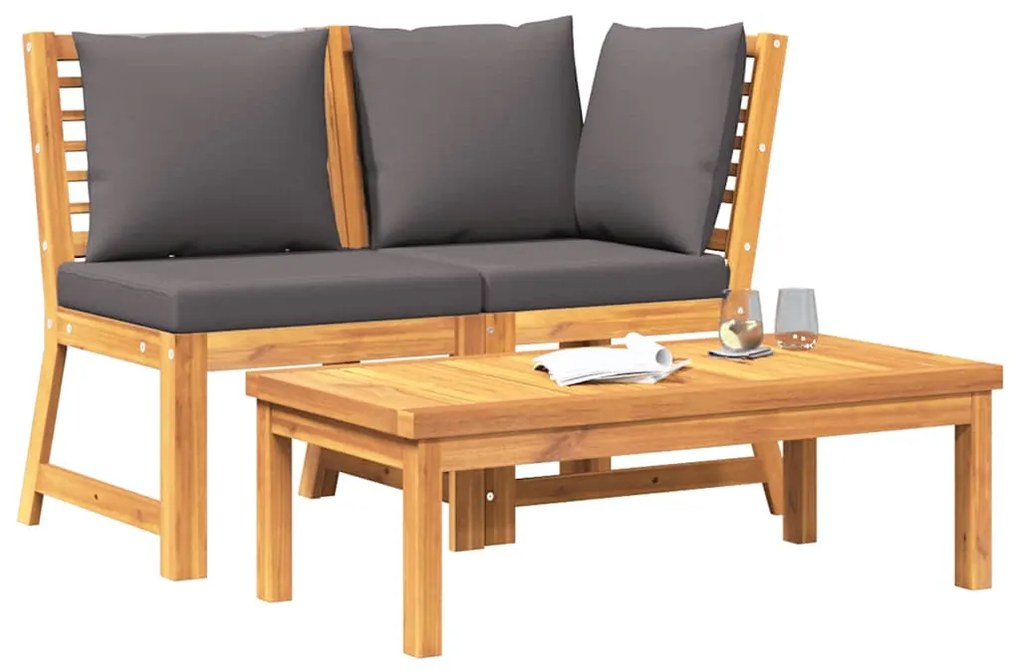 3 pcs conjunto lounge jardim c/ almofadões cinza-escuro acácia