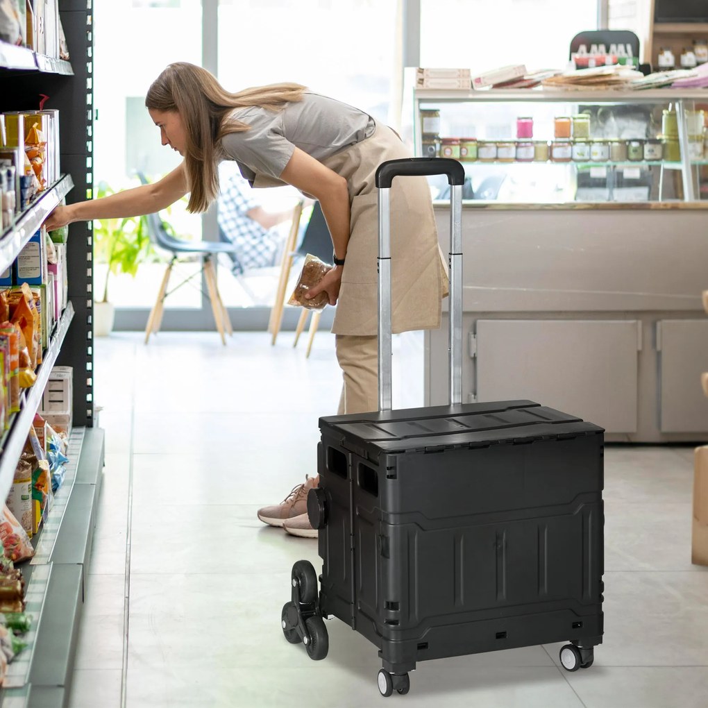 Carrinho de Armazenamento Dobrável Carrinho de Compras com 2 Rodas para Subir Escadas Capacidade 35L 48x43x95 cm Preto