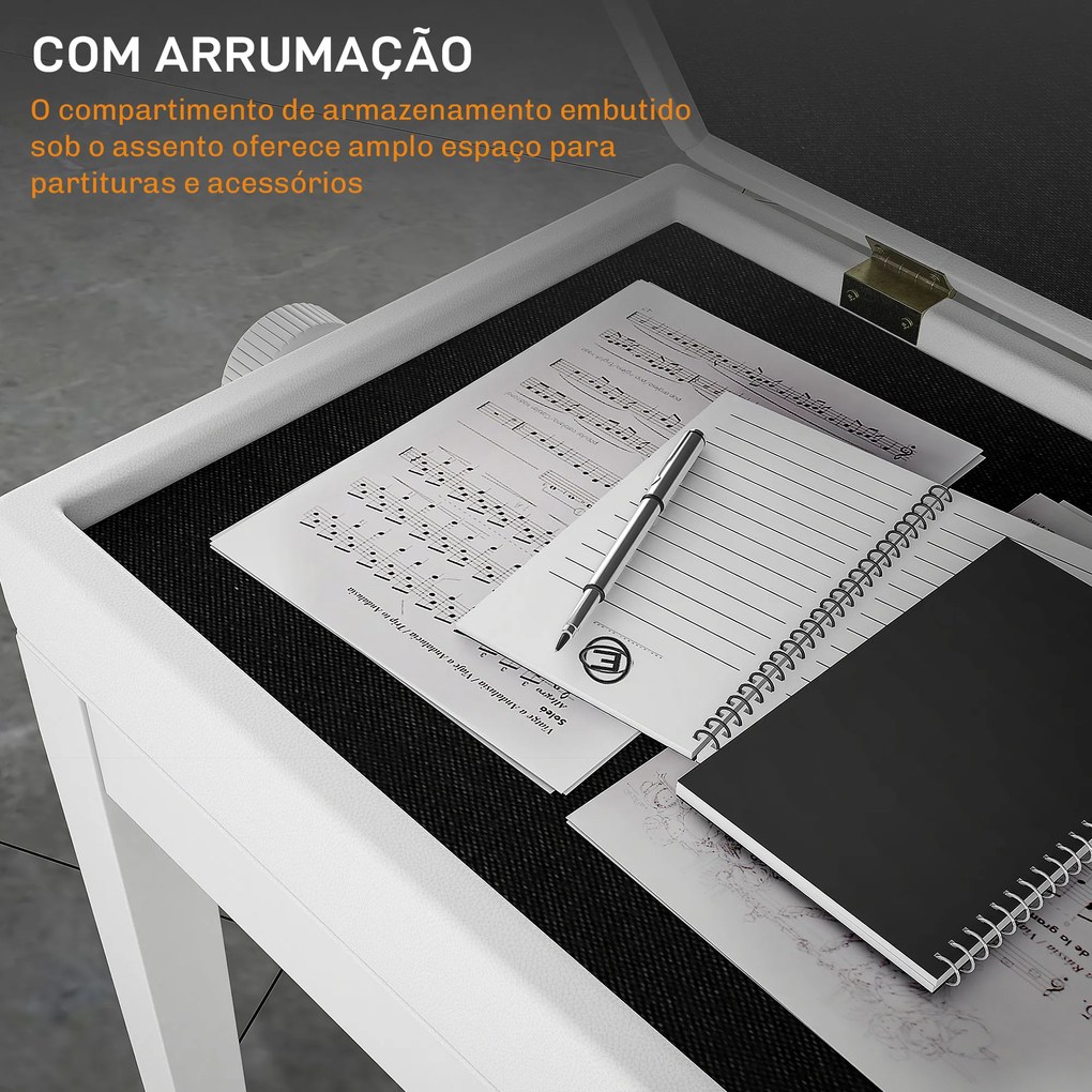 Banco de Piano com Espaço de Armazenamento e Altura Ajustável Carga 200 kg 54,5x33x48-58 cm Branco