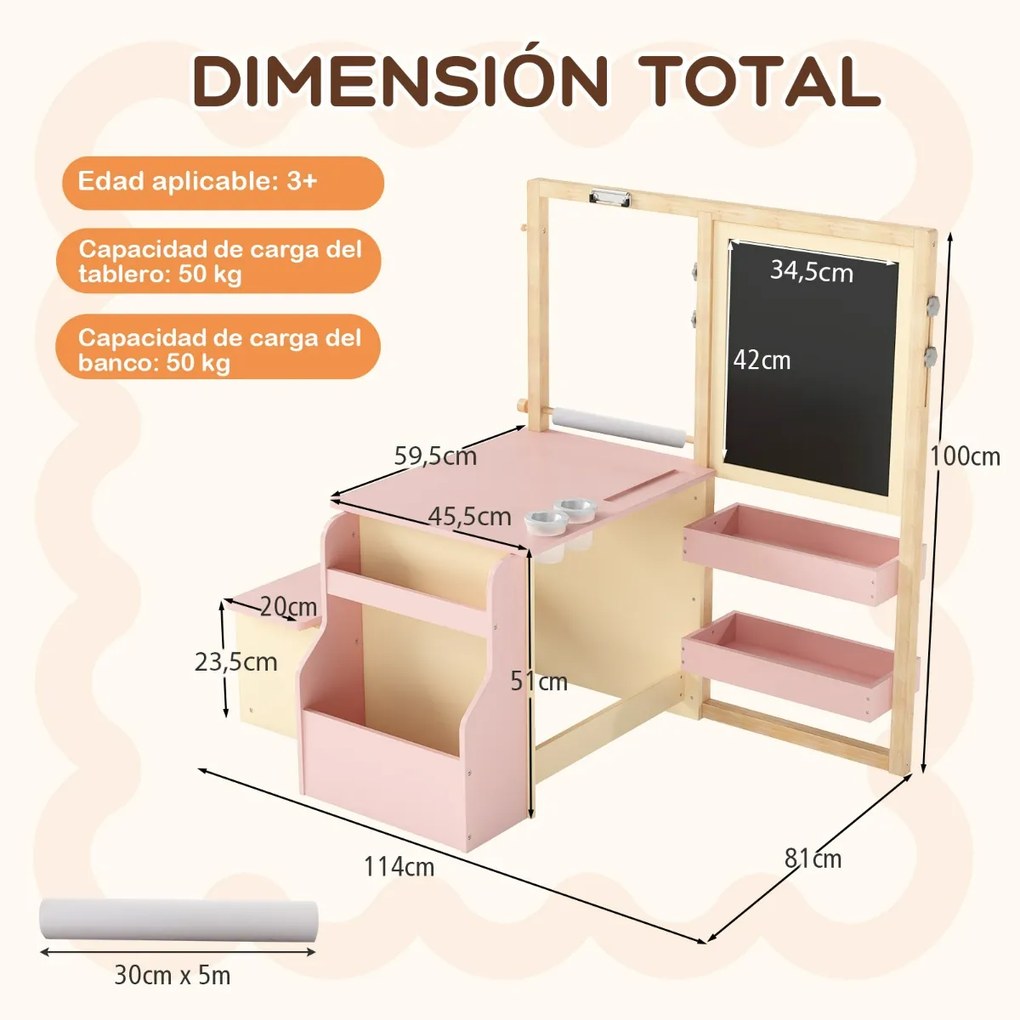 Conjunto de mesa e banco de arte para crianças com cavalete ajustável de dupla face, quadro magnético e rolo de papel Rosa