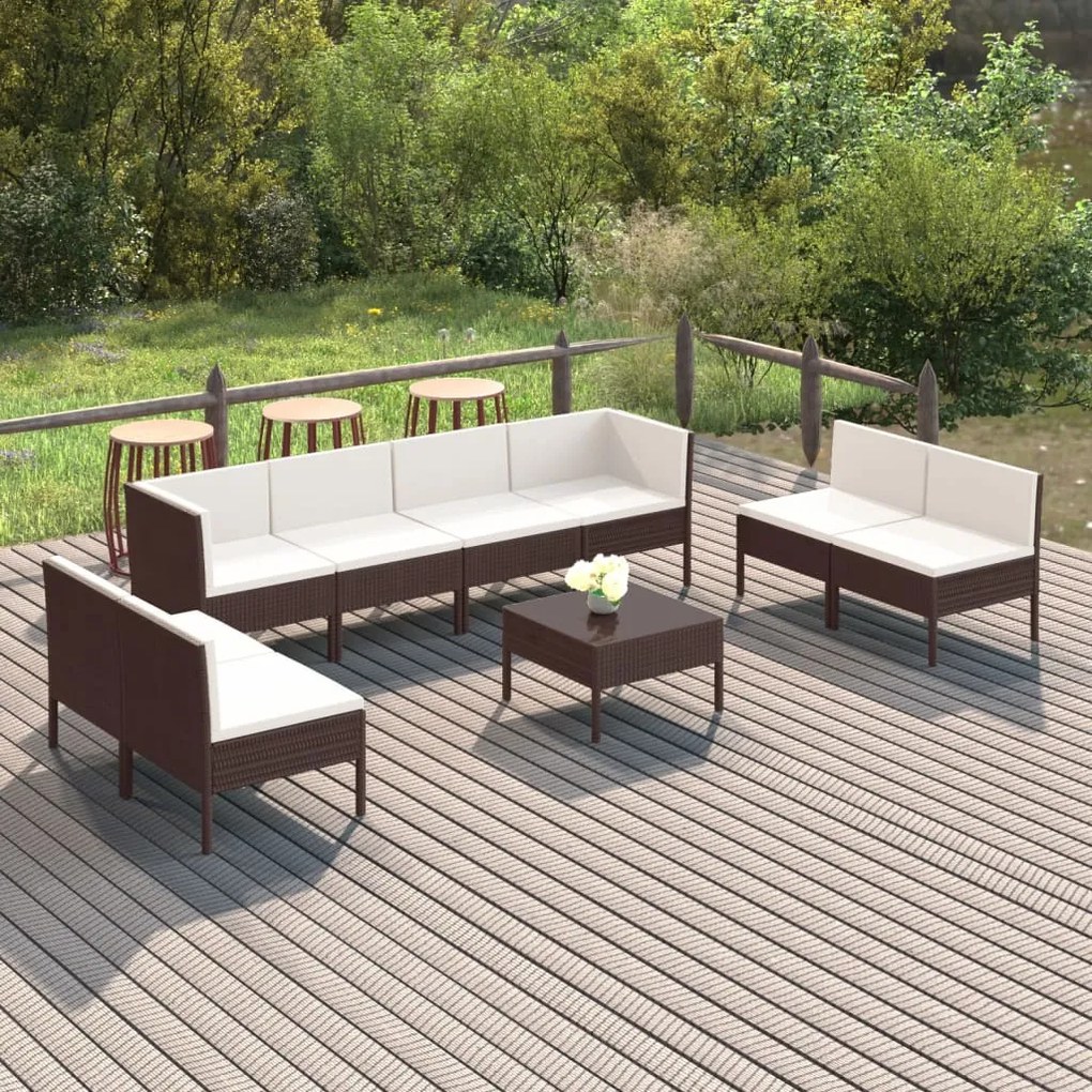 vidaXL 9 pcs conjunto lounge jardim c/ almofadões vime PE castanho