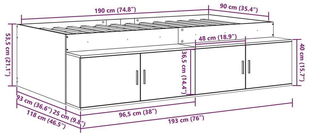 Estrutura de Cama com Armazenamento Cinza Concreto 90x190 cm