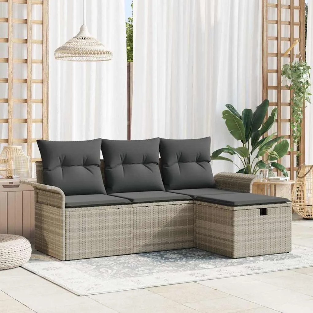 Conjunto de Sofás de Jardim de 4 Peças com Almofadas em Vime Cinza Cla