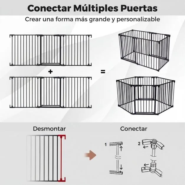 Barreira de segurança para crianças ou animais com 3 painéis metálicos 74,5-198 x 74,5 cm, bloqueio duplo e abertura bidirecional, preta