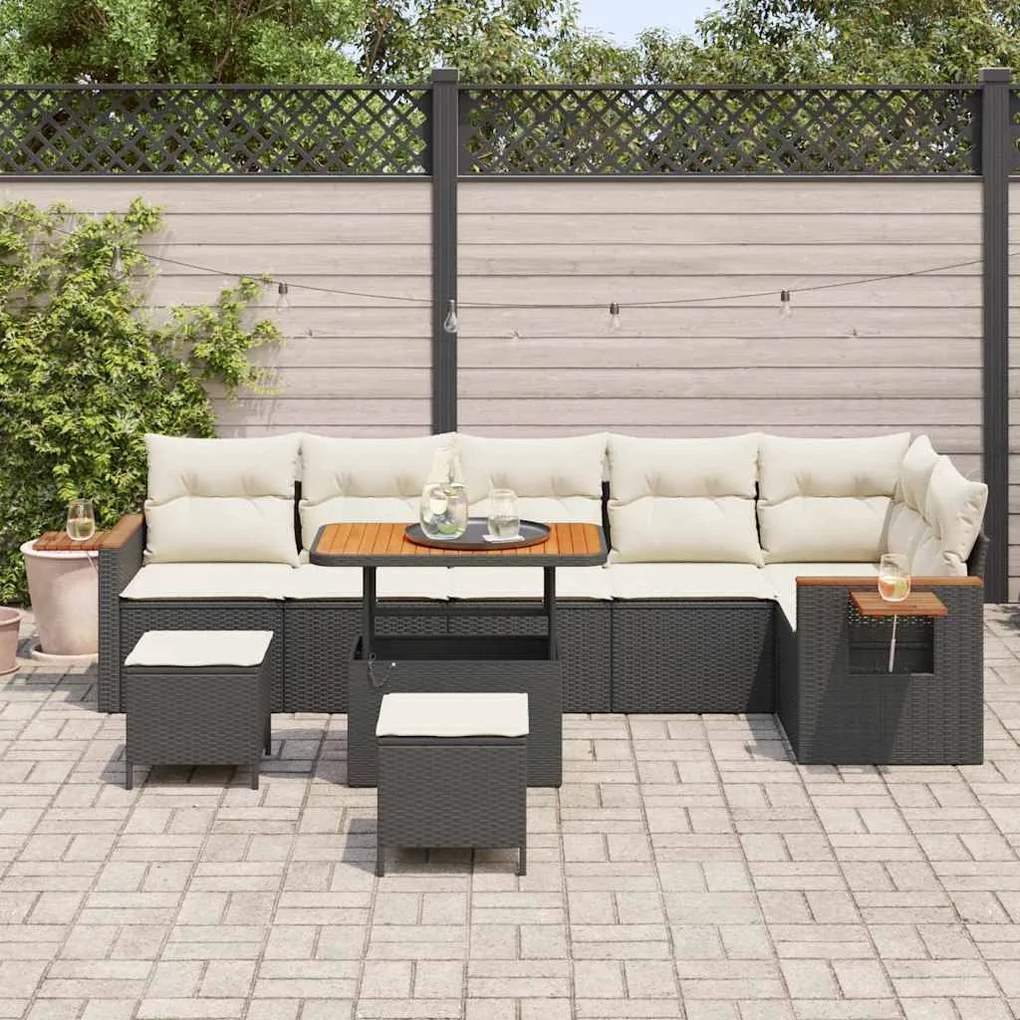 Conjunto de Sofá de Jardim de 9 Peças com Almofadas em Poliratan Preto