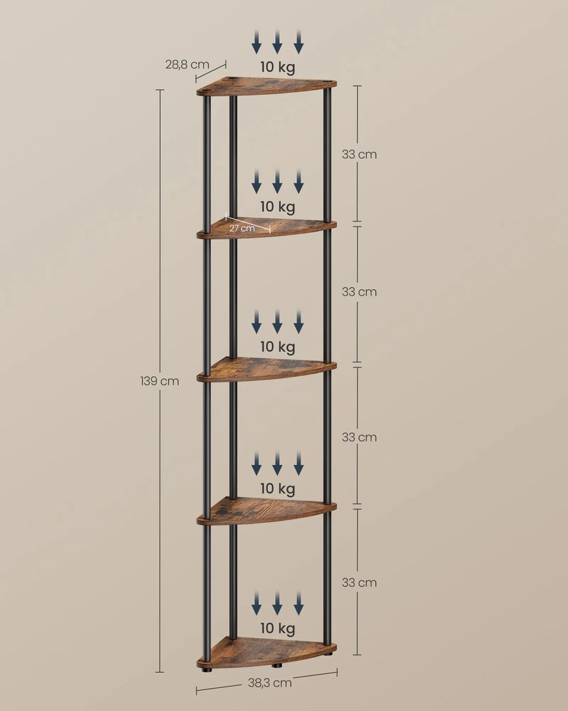 Estante de canto com 5 níveis 38,3 x 27 x 139 cm castanho vintage