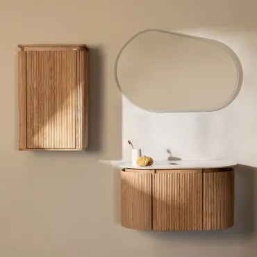 Conjunto De Móvel De Casa De Banho Suspenso Em Madeira Carsone Madeira Natural & Madeira Natural & Sem Lavatório & Oval Led - Sklum