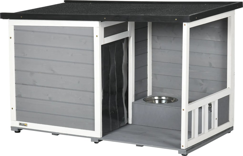 PawHut Casota em madeira maciça, com 2 tigelas, varanda, resistente às intempéries, 103 cm x 62 cm x 66 cm, Cinza + Branco | Aosom Portugal