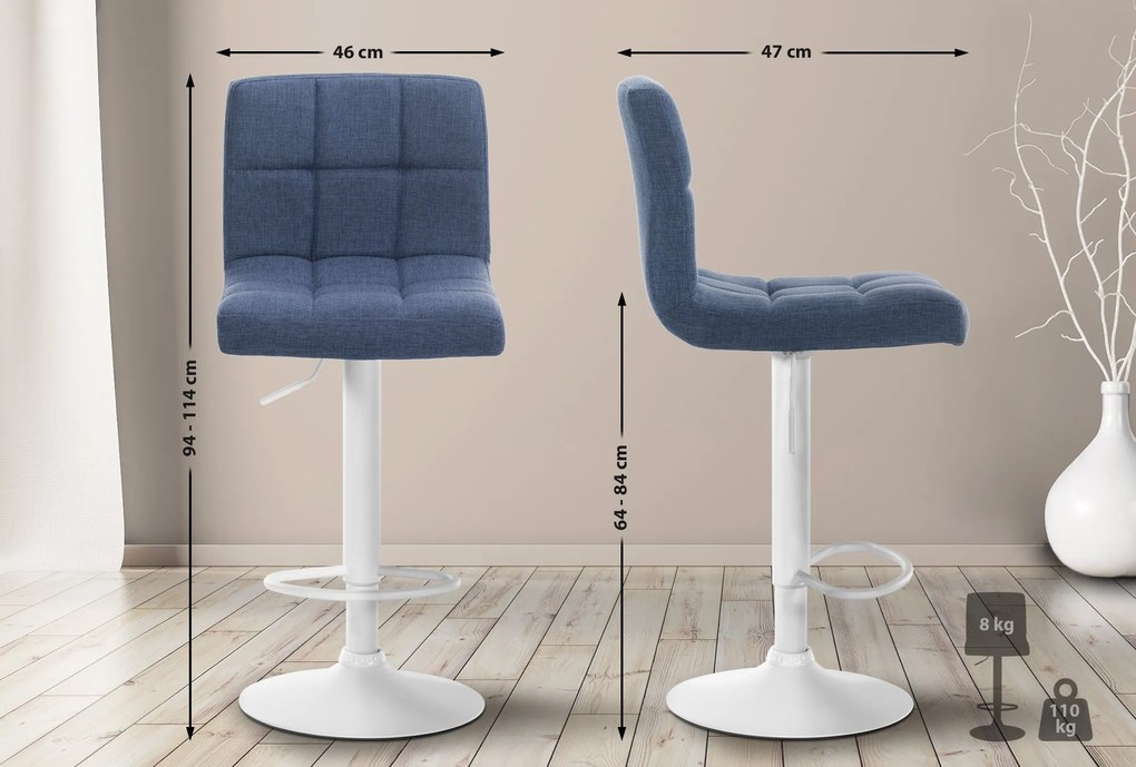 Conjunto de 2 bancos altos bar em tecido com estrutura branca 94-114 x 46 x 47 cm azul