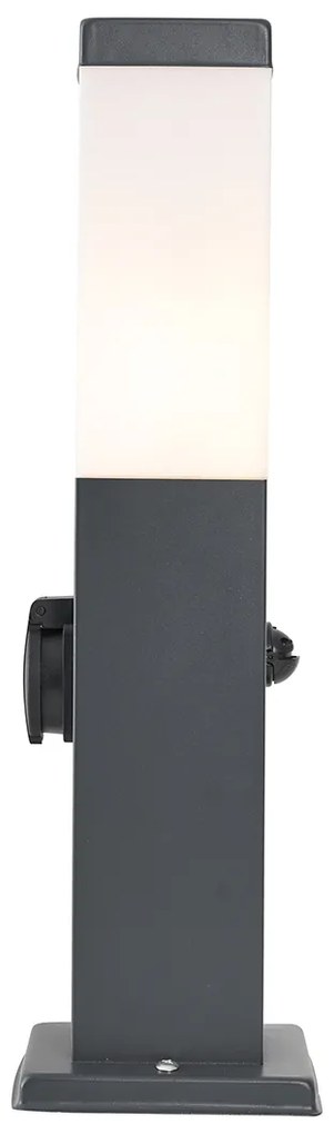 Candeeiro de exterior cinza escuro com vidro opalino 45cm IP44 com tomada e sensor de movimento - Malios Moderno