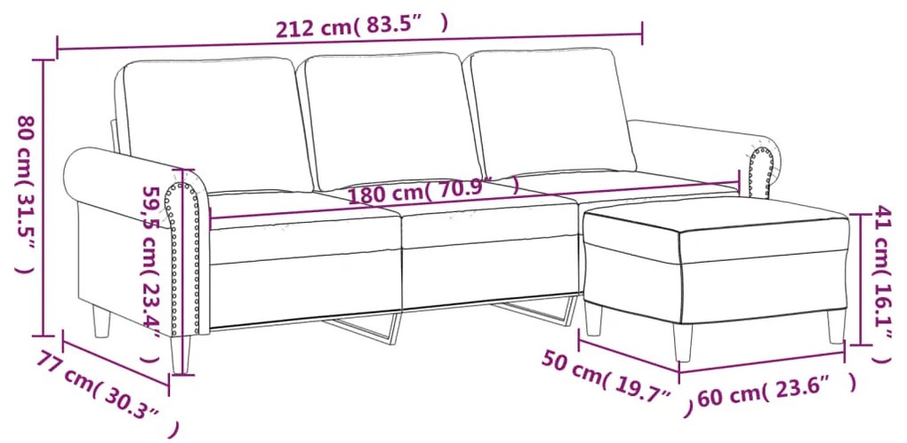 Sofá de 3 lugares com apoio de pés 180 cm veludo cinzento-claro