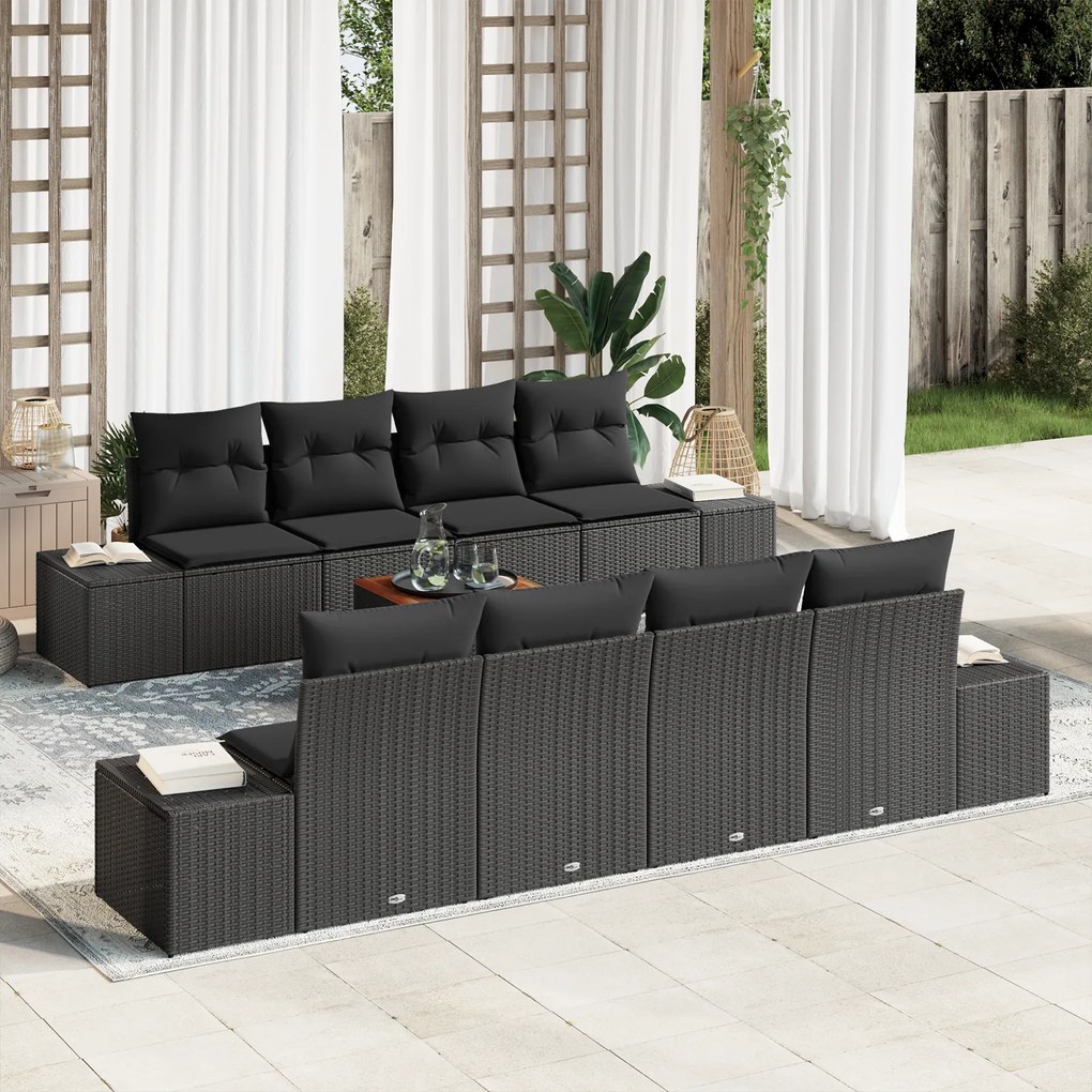 Conjunto de Sofá de Jardim com Almofadas em Rattan Preto