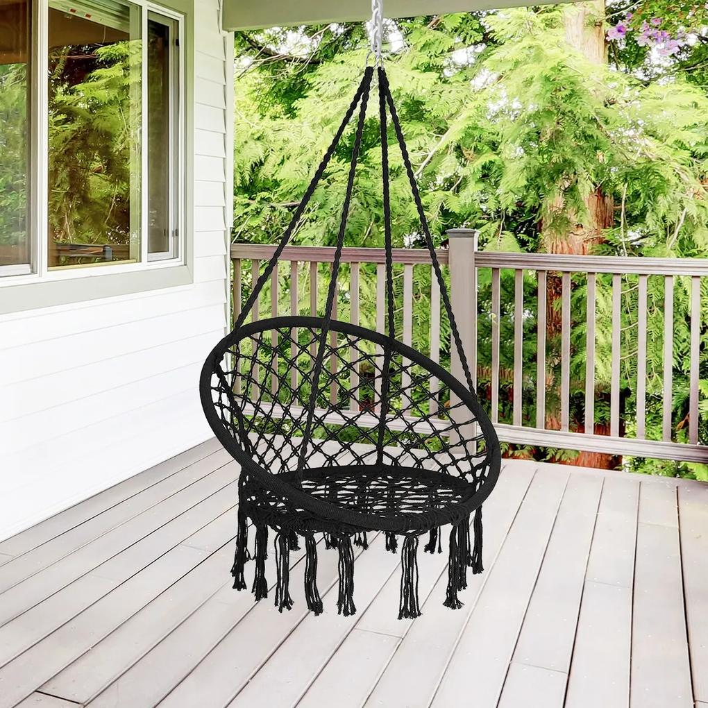 Cadeira de rede de corda de algodão pendurada com borlas para varanda de sala de estar até 150 kg  80 x 60 x 125 cm Preto