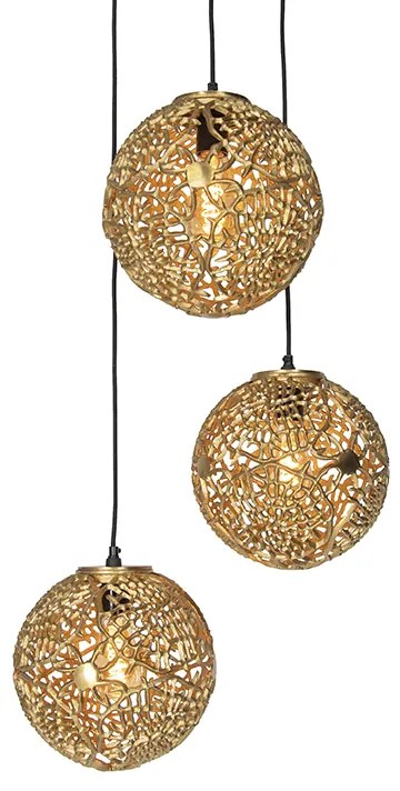 Candeeiro de suspensão Art Deco dourado redondo 3 luzes - Maro Art Deco