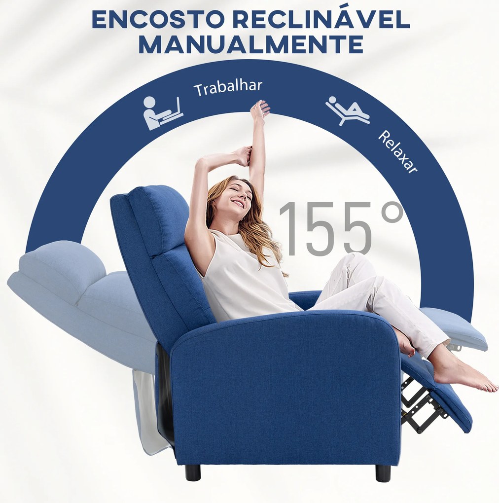 Poltrona Relax Reclinável até 155° Poltrona Reclinável Manual para Pessoas com Altura Inferior 195 cm 67x87x98 cm Azul Escuro