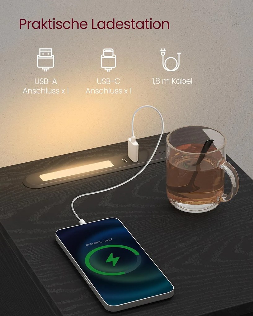 Conjunto de 2 mesas de cabeceira com iluminação LED e portas USB 30 x 25 x 59,5 cm Preto