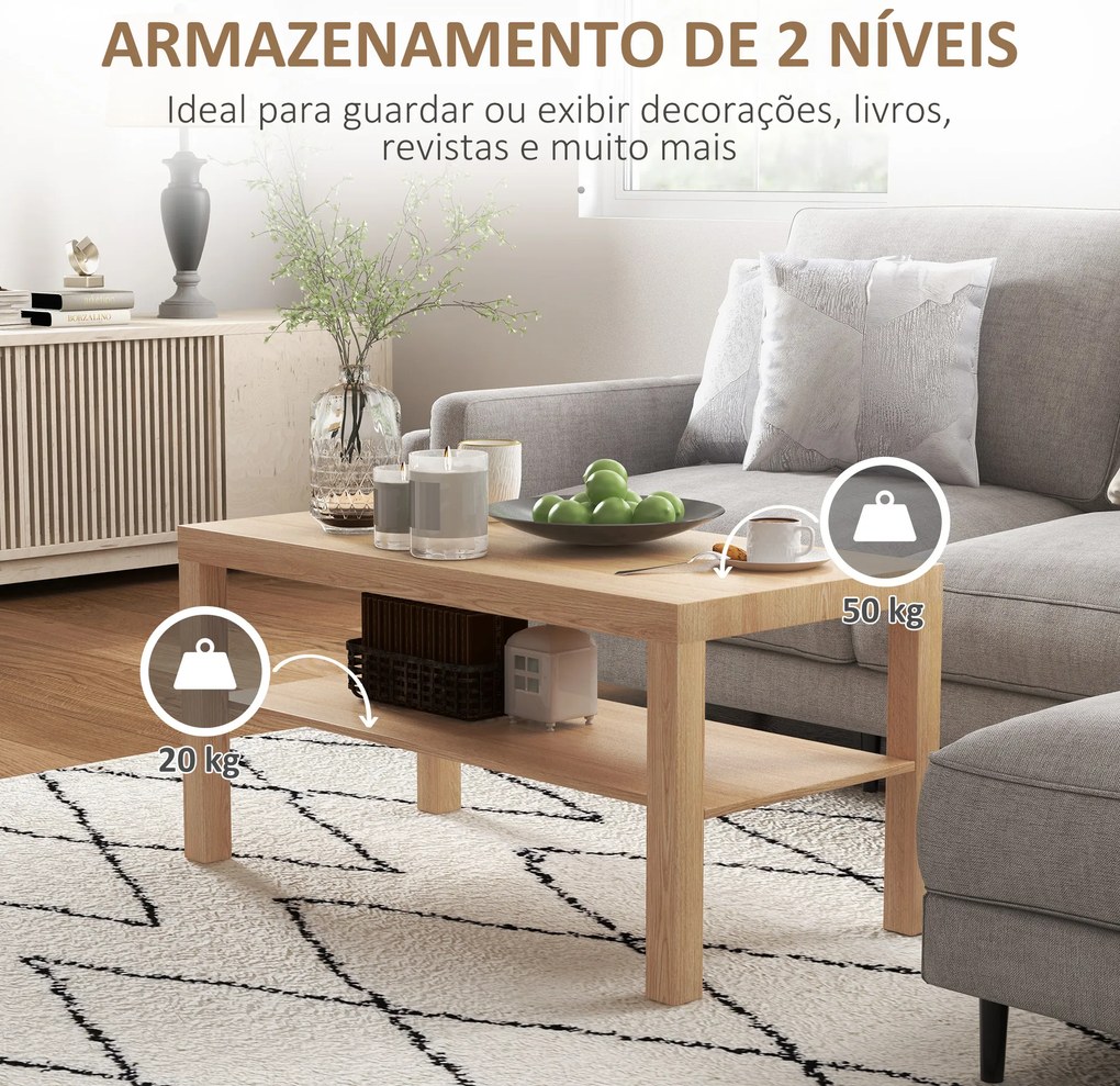 Mesa de Centro Moderna Mesa Auxiliar com Prateleira para Sala de Estar Escritório 90x45x44,5 cm Madeira