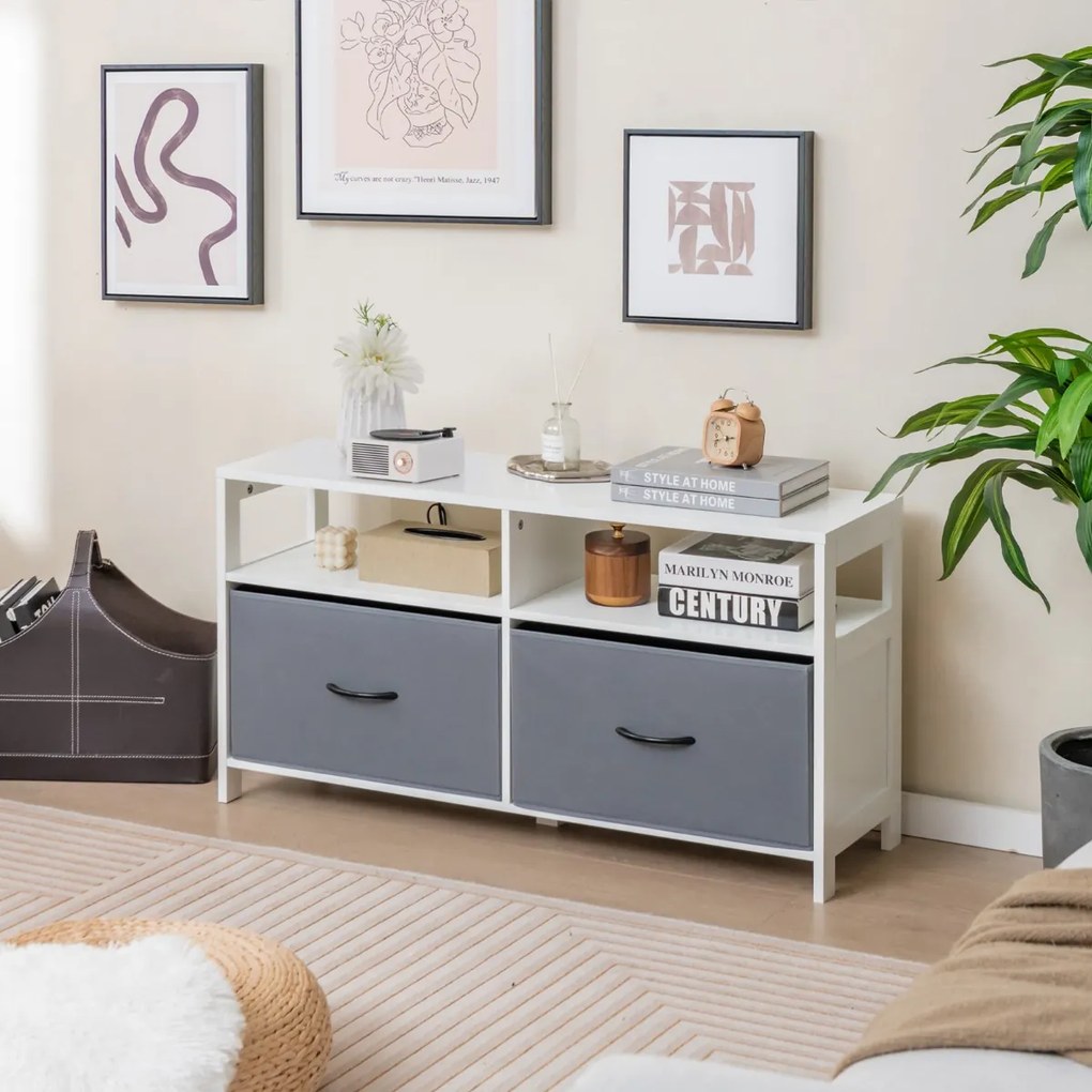 Armario com 2 gavetas Armário para TV até 45" com 2 Estantes abertas e Recipientes para Panos para Quarto Sala de Estar Quarto Branco