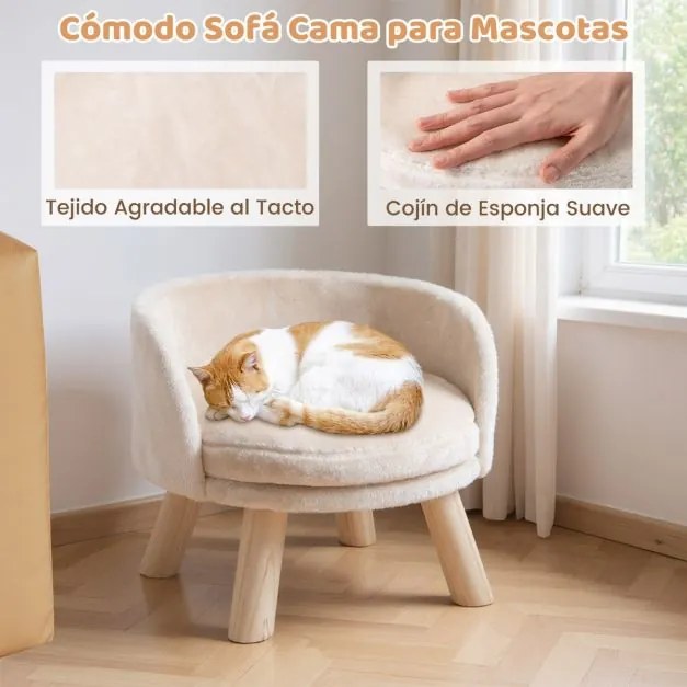 Sofá-cama para cães de 42 cm para animais de estimação com almofada redonda acolchoada 4 pernas de madeira de pinho Bege, Natural