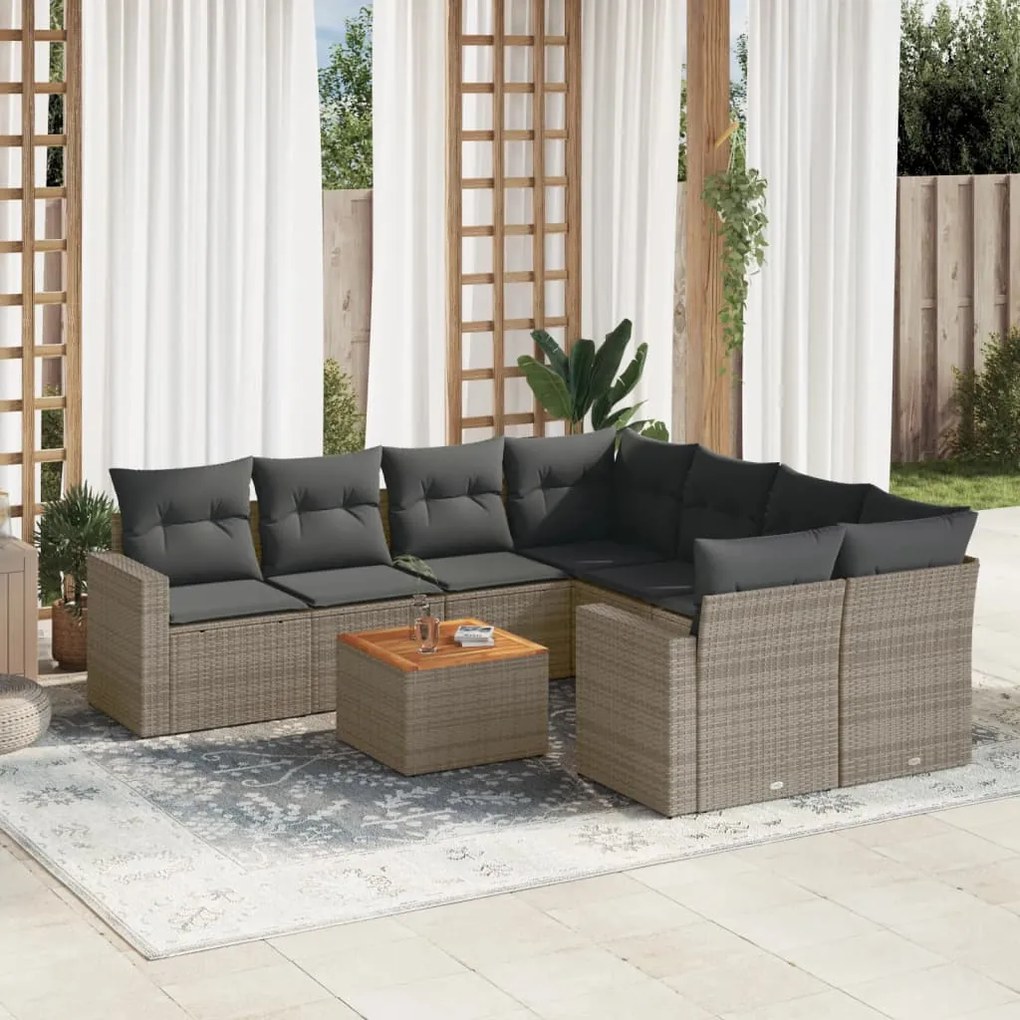vidaXL 9 pcs conjunto sofás p/ jardim com almofadões vime PE cinzento