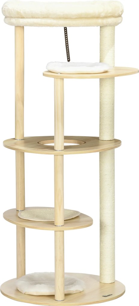 Arranhador para gatos com arranhador, postes de sisal, almofada removível, plataforma de pelúcia e madeira, altura 123,5 cm, bege
