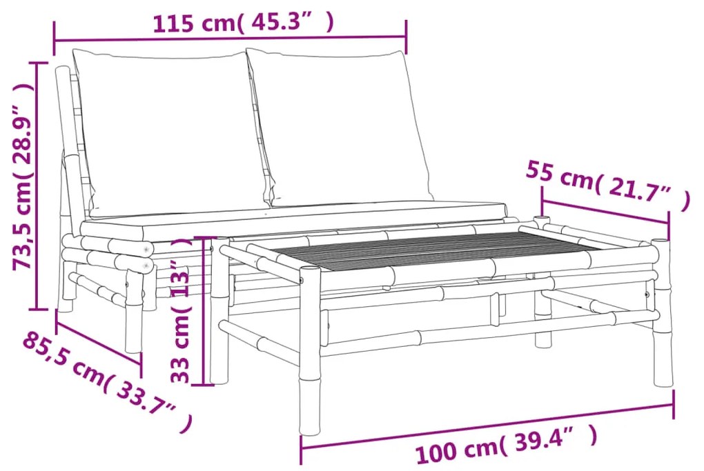 2pcs conj. lounge de jardim bambu c/ almofadões cinzento-escuro