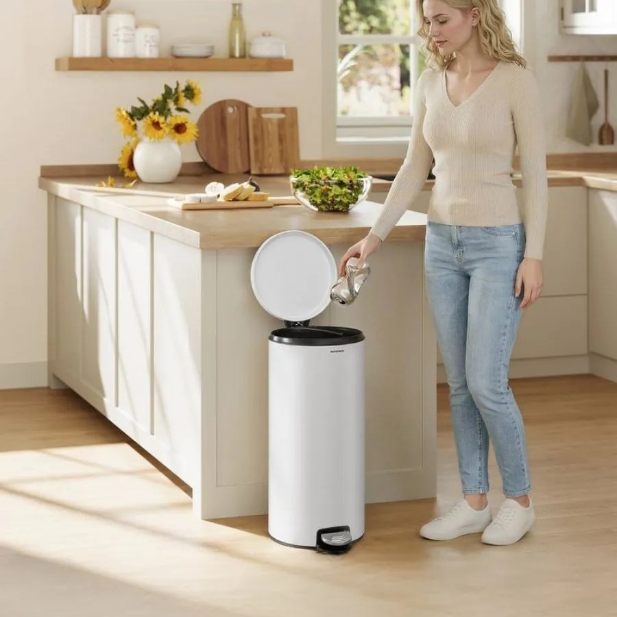 Caixote do lixo redondo de 30 L com pedal e cesto interior removível 29,5 x 37,1 x 63 cm, branco nuvem