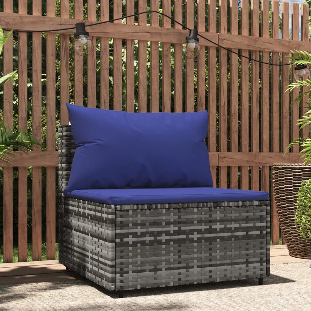 vidaXL Sofá de centro para jardim com almofadões vime PE cinzento