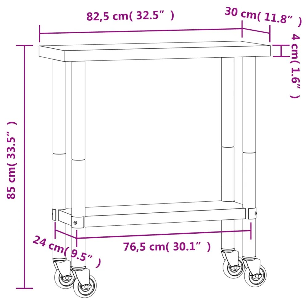 Mesa de trabalho de cozinha c/ rodas 82,5x30x85 cm aço inox.