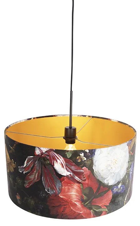 Candeeiro de suspensão com abajur de veludo flores com dourado 50 cm - Combi Clássico / Antigo