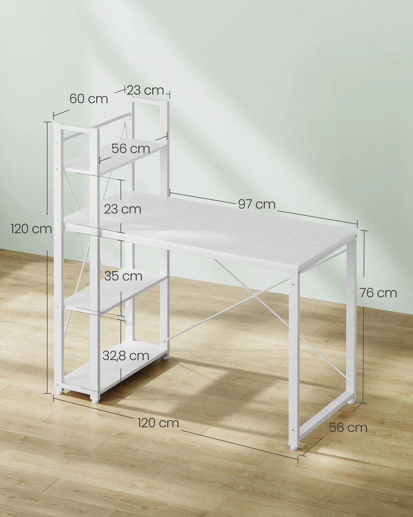 Secretária com prateleiras à direita ou à esquerda 56 x 120 x 120 cm branco