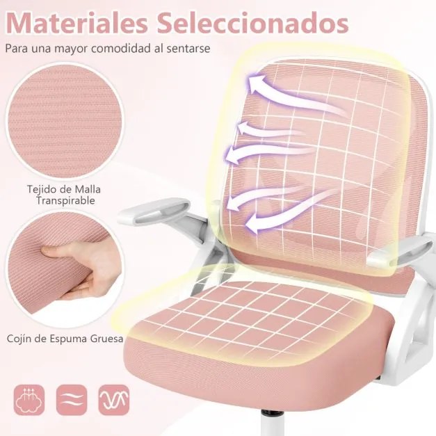 Cadeira de escritório ergonómica com apoio lombar integrado, apoios de braços rebatíveis, rodas universais, altura ajustável, Rosa