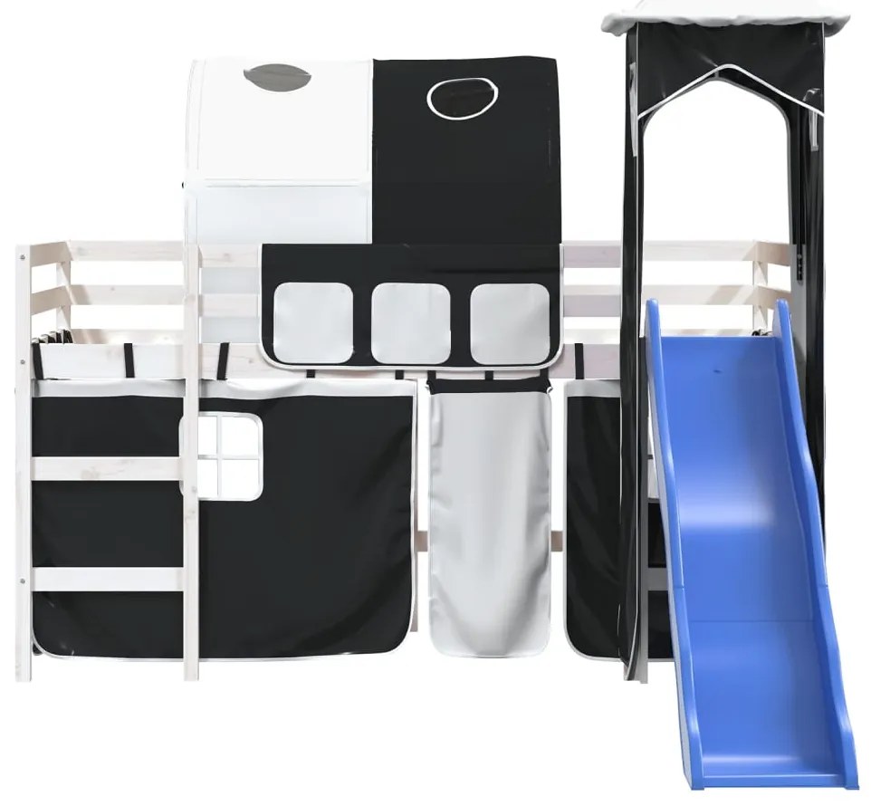 Cama alta criança c/ torre 90x200 cm pinho maciço branco/preto