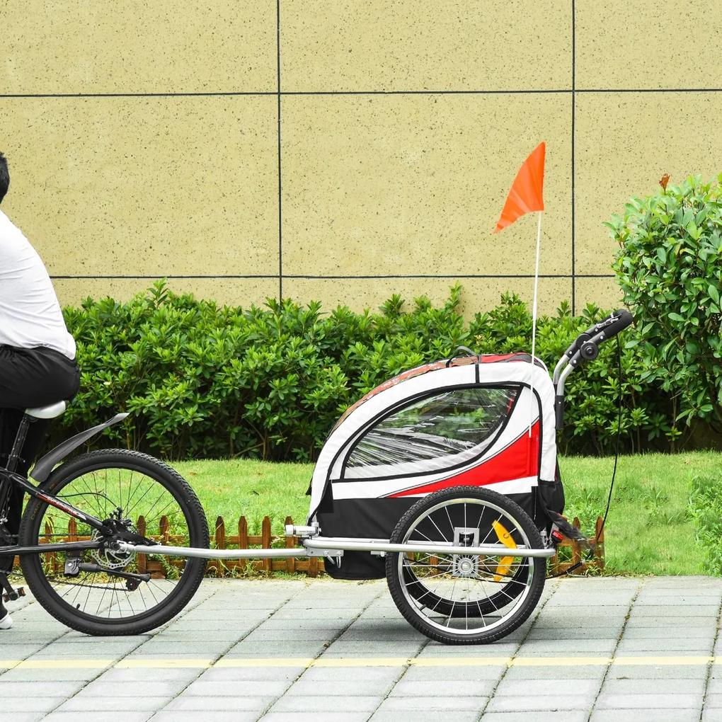 HOMCOM 2 em 1 Reboque de Bicicleta Infantil de 2 Lugares Convertível em Carrinho de Passeio com Roda Dianteira Giratória a 360° Vermelho