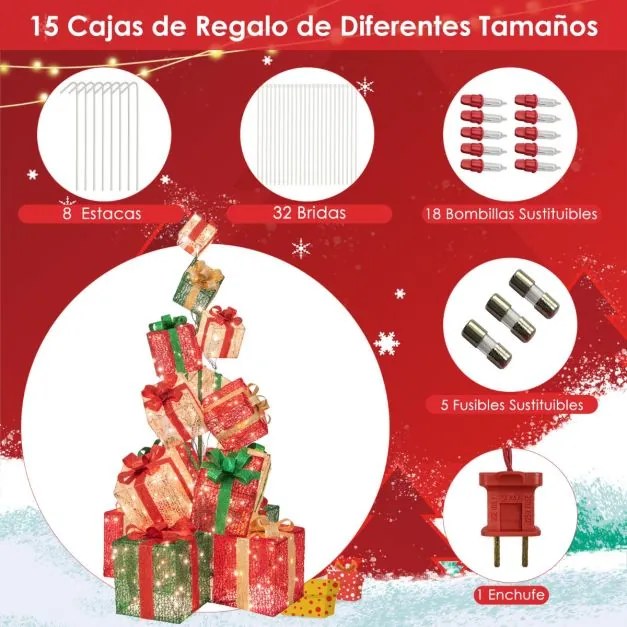 Torre de 170 cm de 15 caixas de presente iluminadas com 450 luzes brancas quentes Base em metal vermelho + azul + dourado