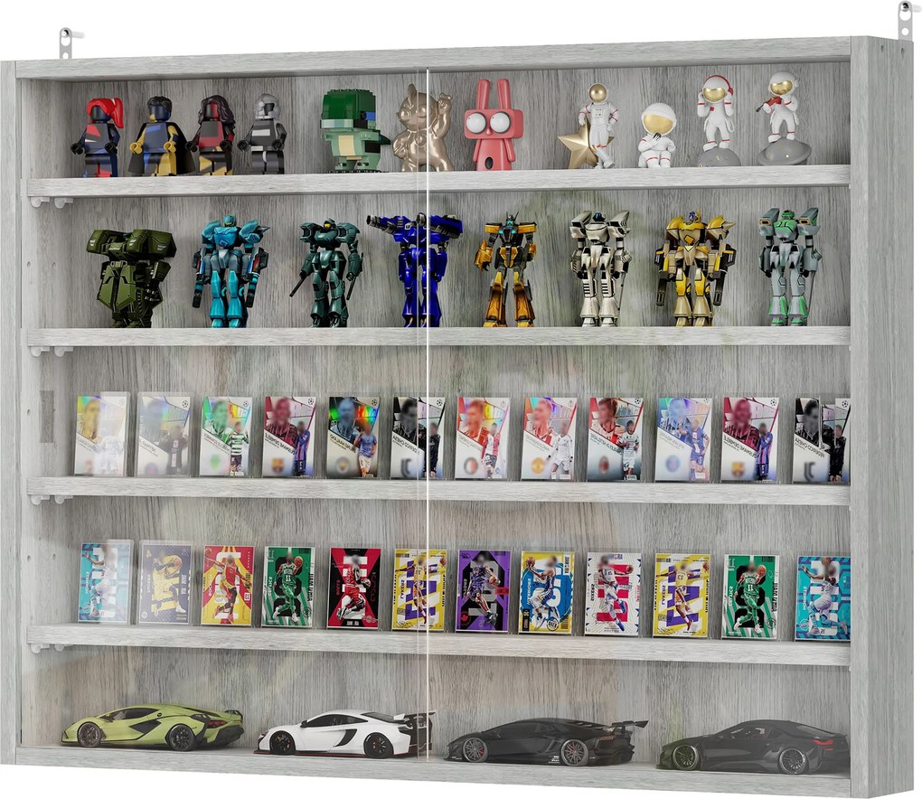 Vitrine de parede para objetos de coleção com 4 prateleiras reguláveis em altura e 2 portas de correr 80 x 9,5 x 60 cm cinzenta