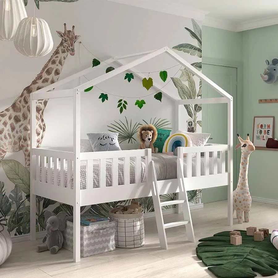 Cama infantil de Casa Alta DALLAS Com Escadas Branca