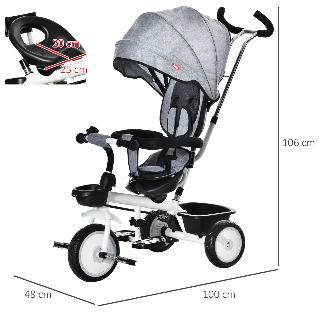 HOMCOM Triciclo para Bebé 2 em 1 Triciclo Evolutivo para Crianças de 1-5 Anos com Capô Dobrável Guiador Telescópico Grade de Proteção Removível e Apoio para os Pés 100x48x106cm Cinza