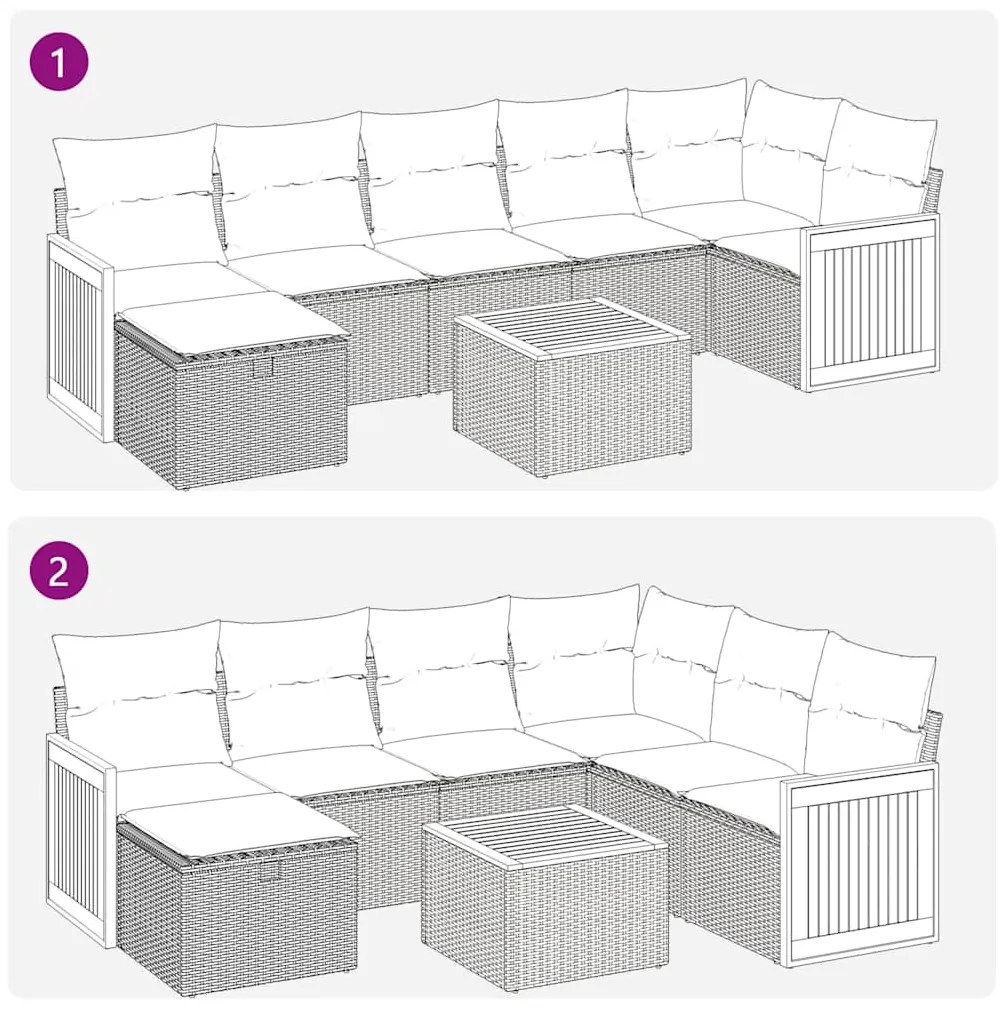 8 pcs conjunto de sofás p/ jardim com almofadões vime PE bege