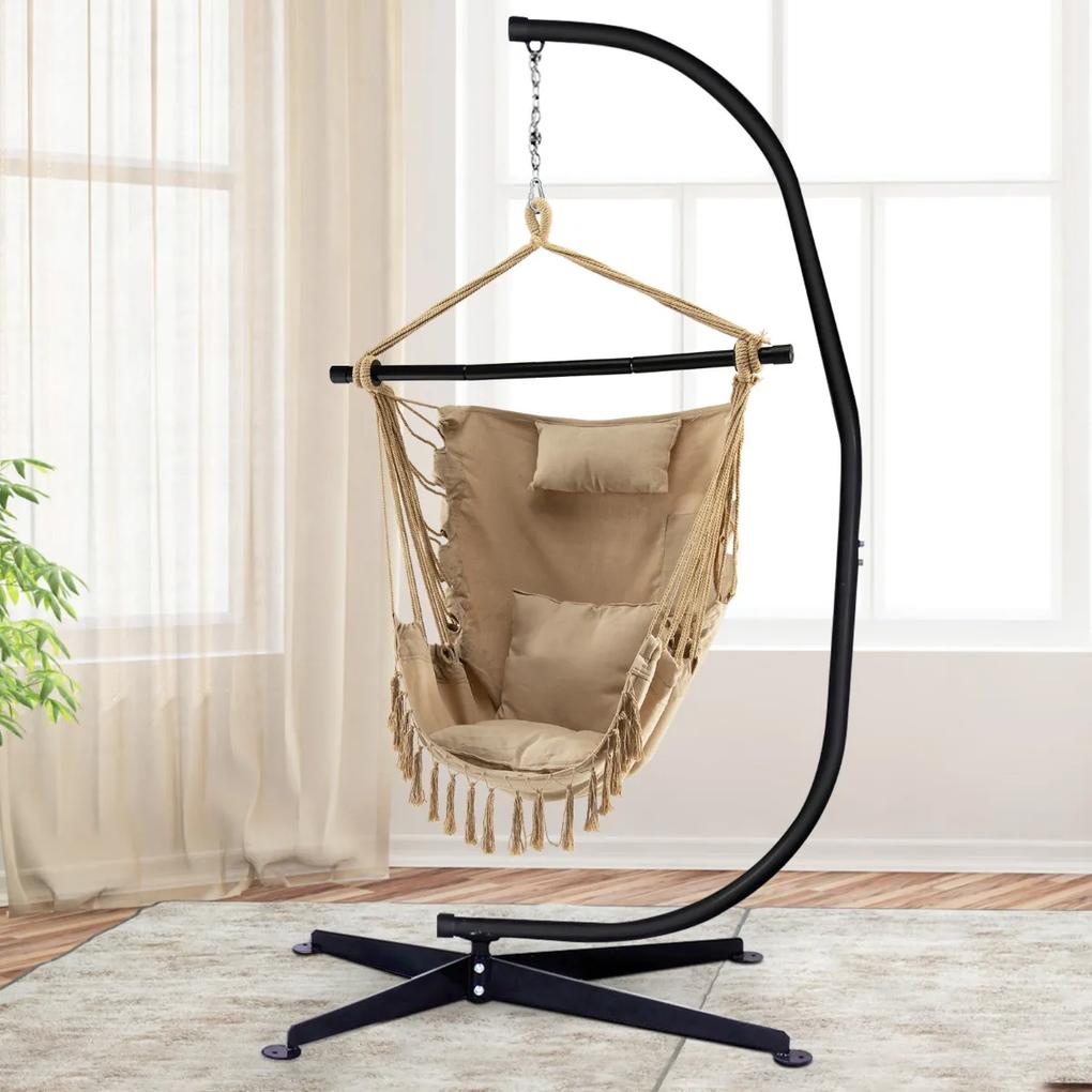 Cadeira de rede Cadeira de baloiço suspensa com almofada macia com barra de apoio para pátio de casa Grande capacidade 150 kg Bege