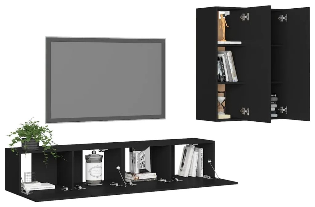 Conjunto de 4 Móveis de Parede de TV Régua M - Preto - Design Moderno