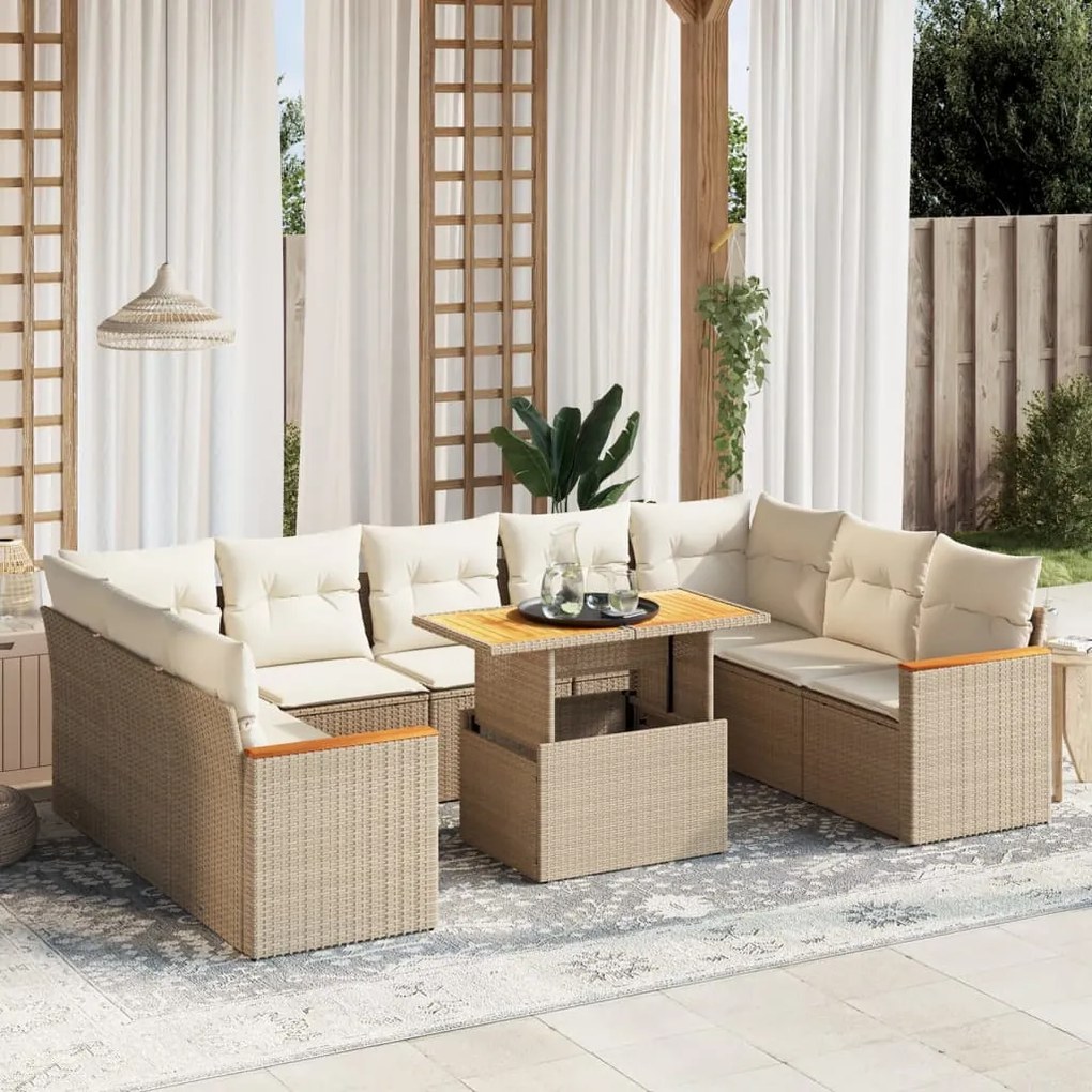 vidaXL 10 pcs conjunto de sofás p/ jardim com almofadões vime PE bege