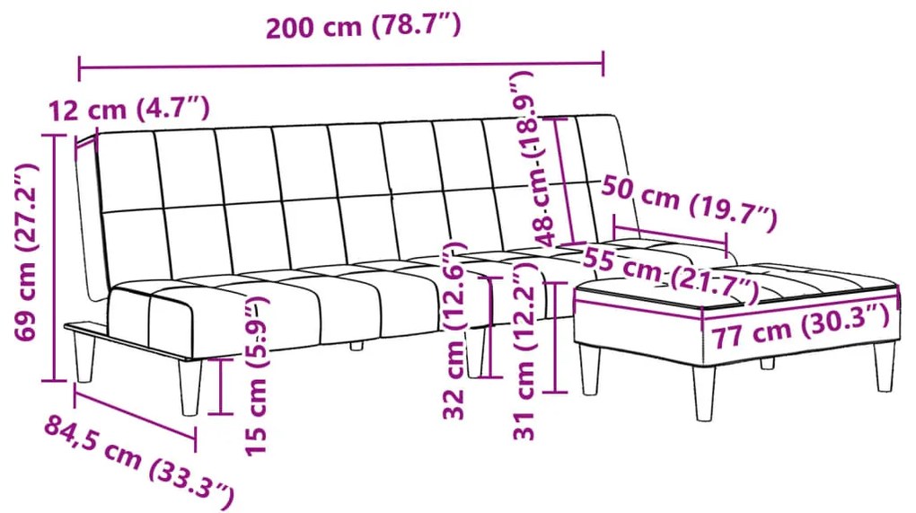 Sofá-cama 2 lugares c/ apoio de pés veludo cinza-claro