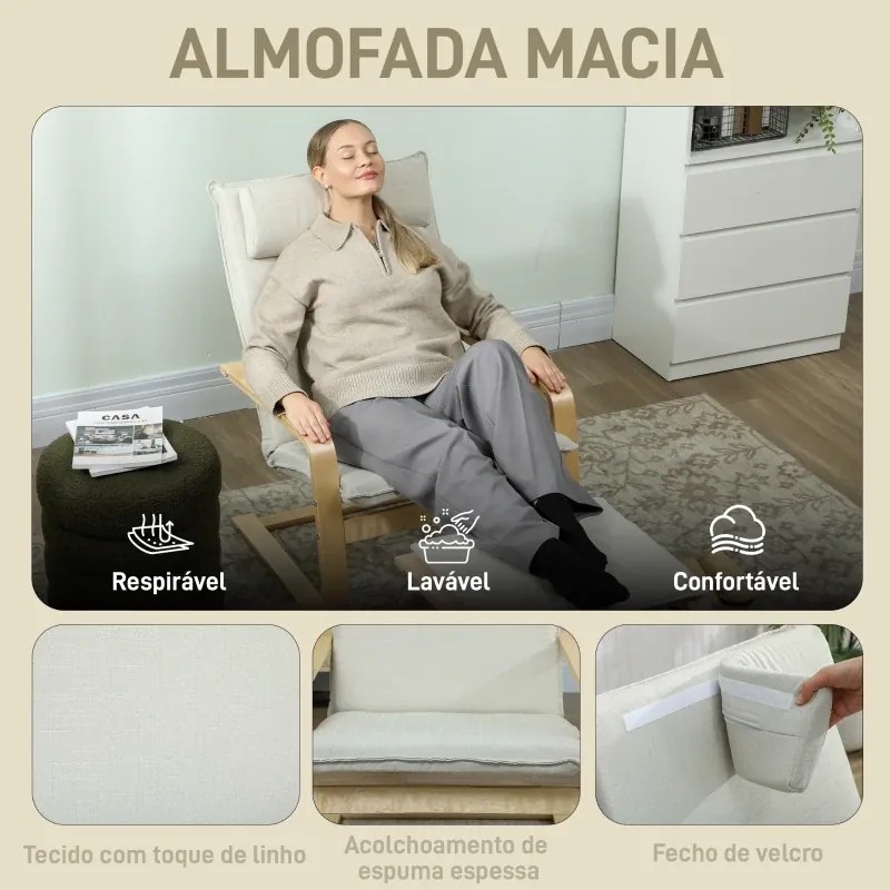 Poltrona com Otomano Poltrona de Leitura com Pernas de Madeira e Estofado em Linho 67x78x92 cm Creme